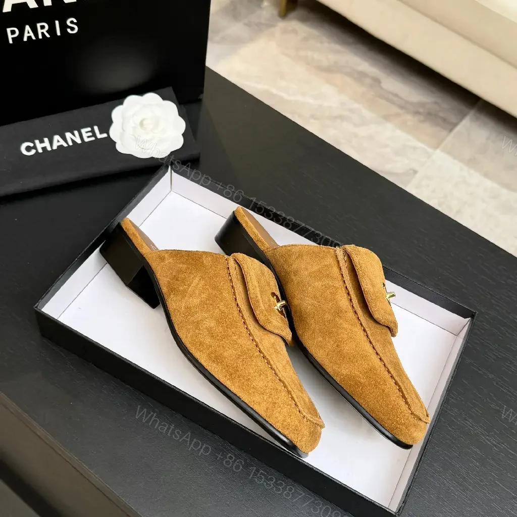 View 10 of Beige Suede Slip-On Mules with Chanel Logo Embellishment