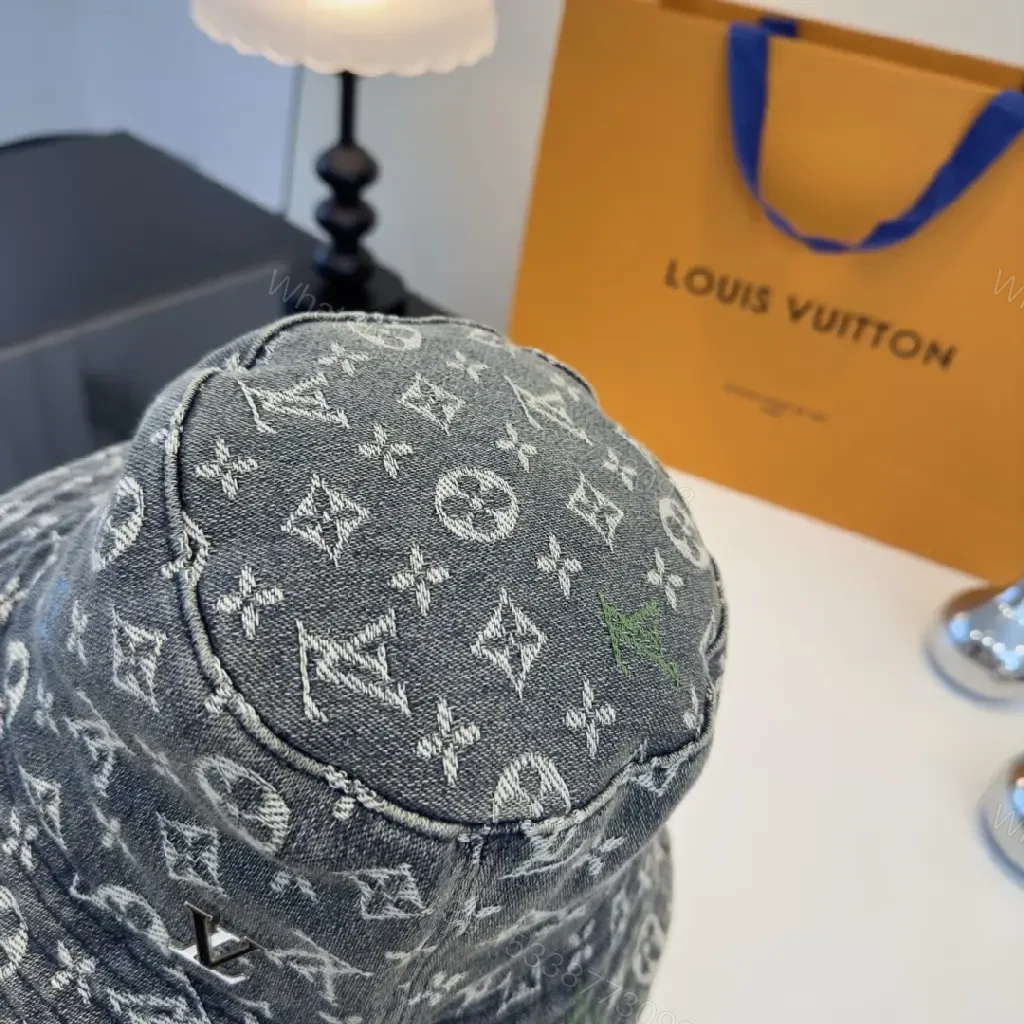 View 3 of Grey Denim-Feel Bucket Hat Monogram Detail, Unisex Style