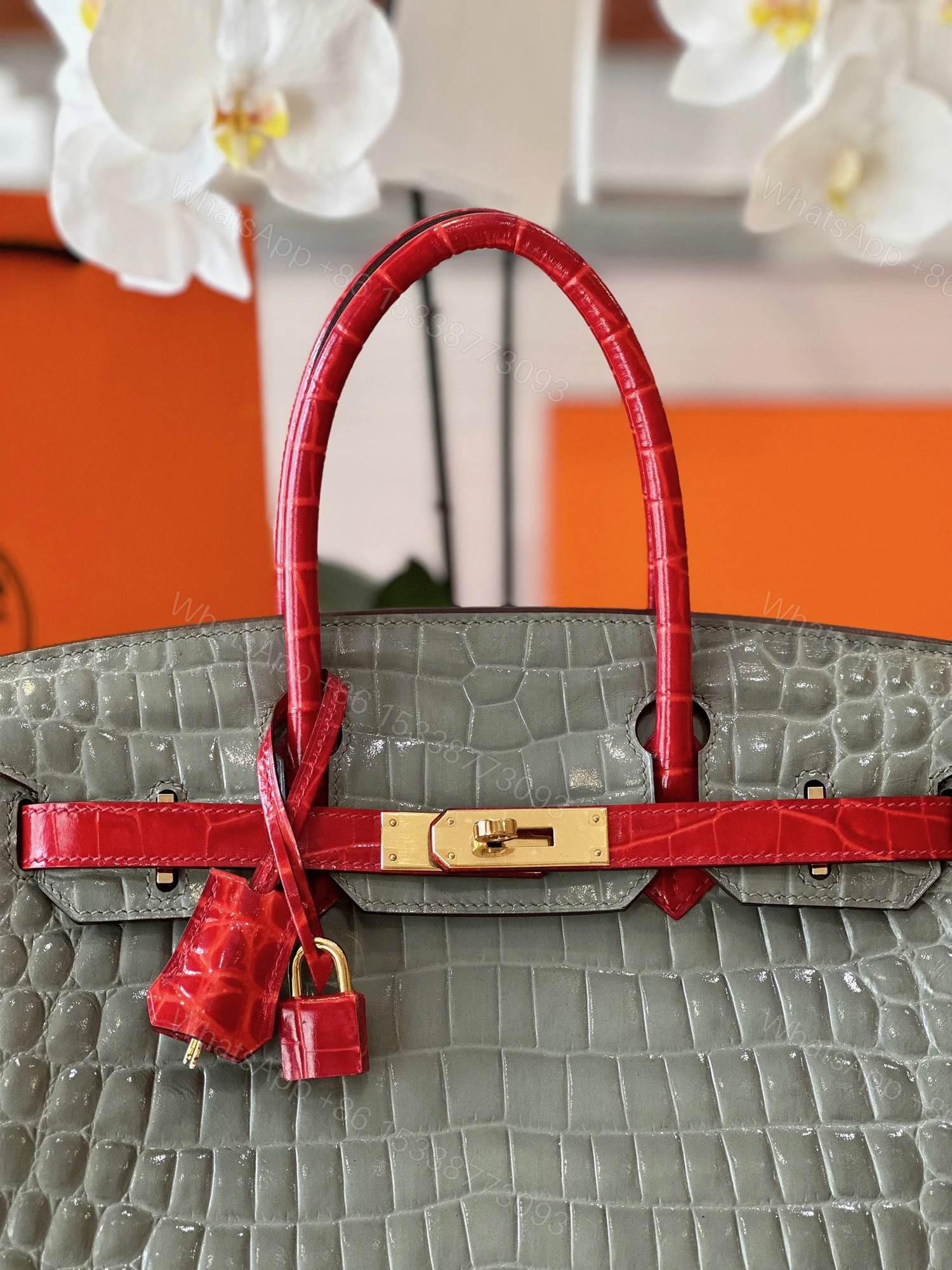 View 6 of Hermes Birkin Genuine Crocodile Leather Gray and Red Custom Made