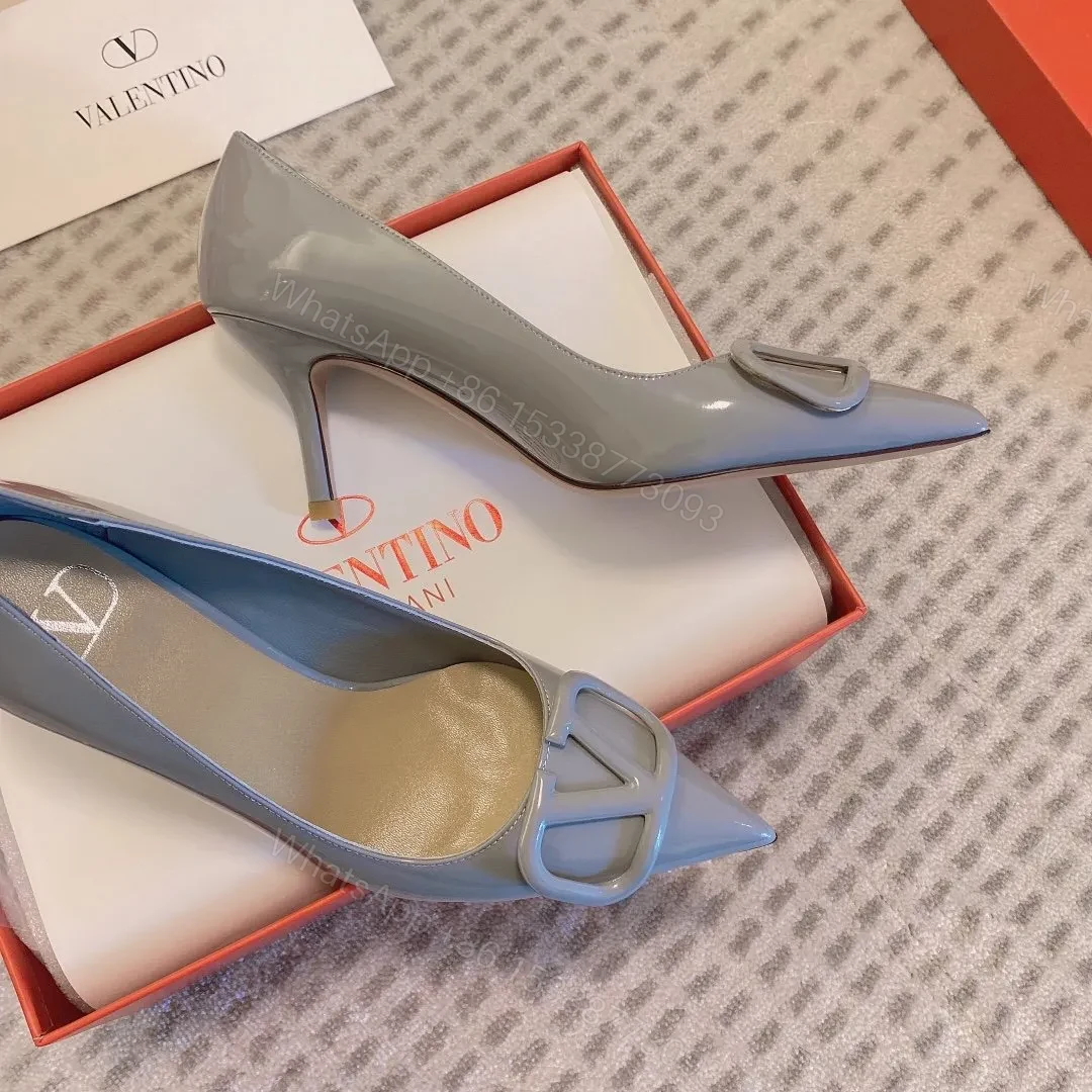 View 6 of Valentino Women Gray Patent Leather Pointed Pumps