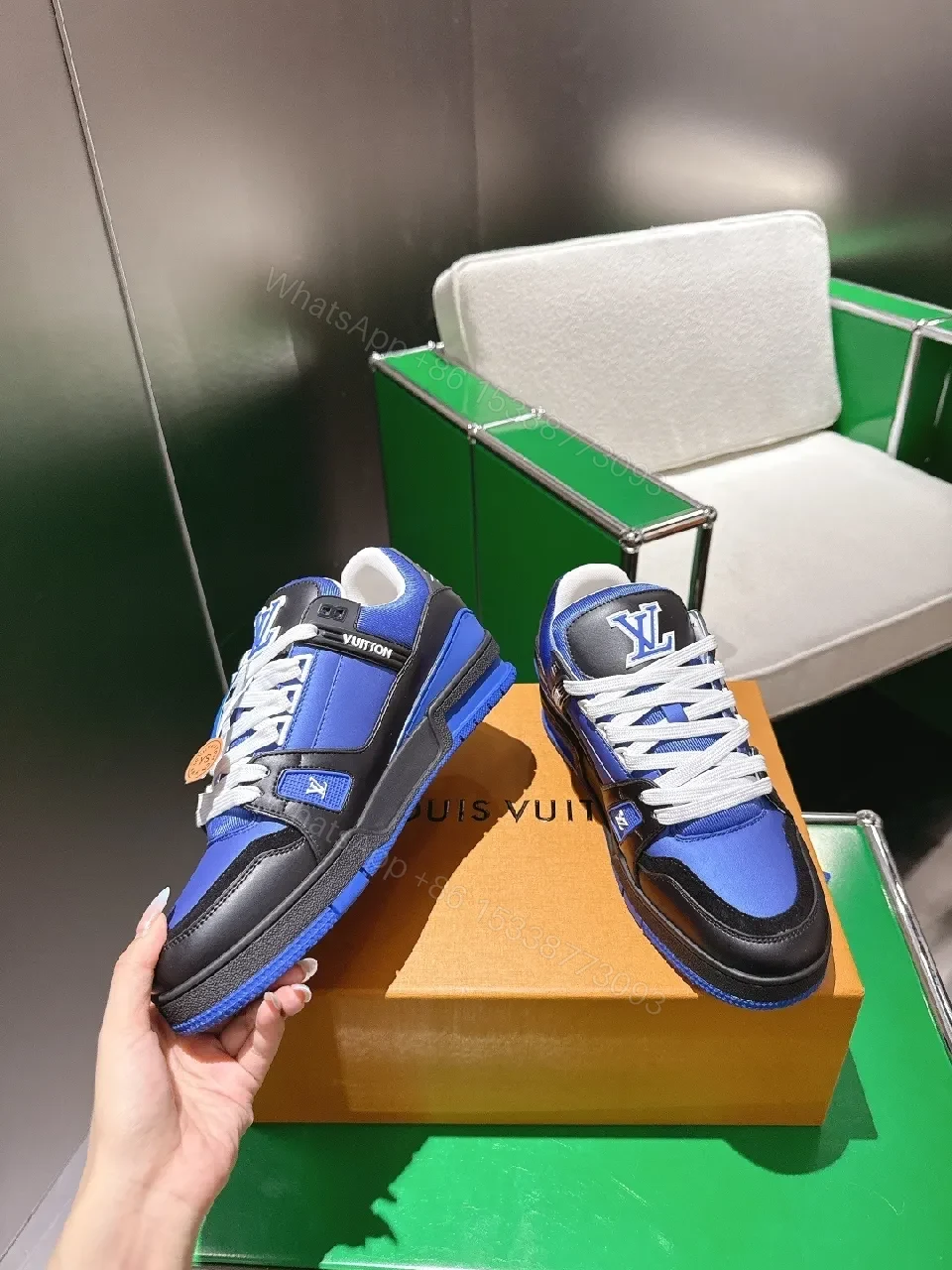 View 7 of Blue & Black High-Top Luxury Sneakers with Monogram Details