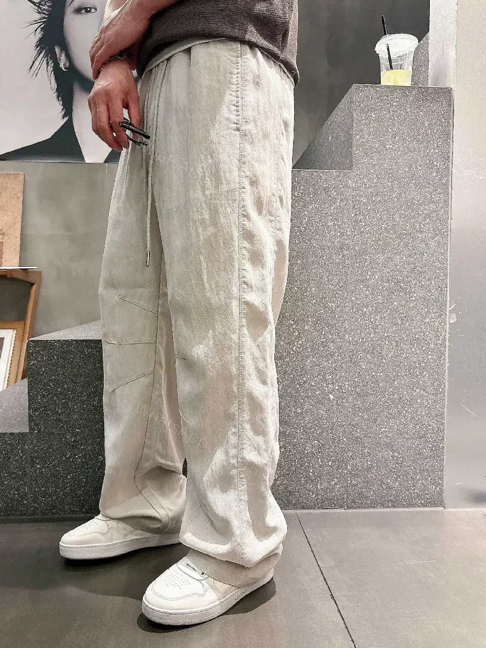 View 8 of Light Beige/Off-White Cargo Pants with Drawstring Waist, Relaxed Fit