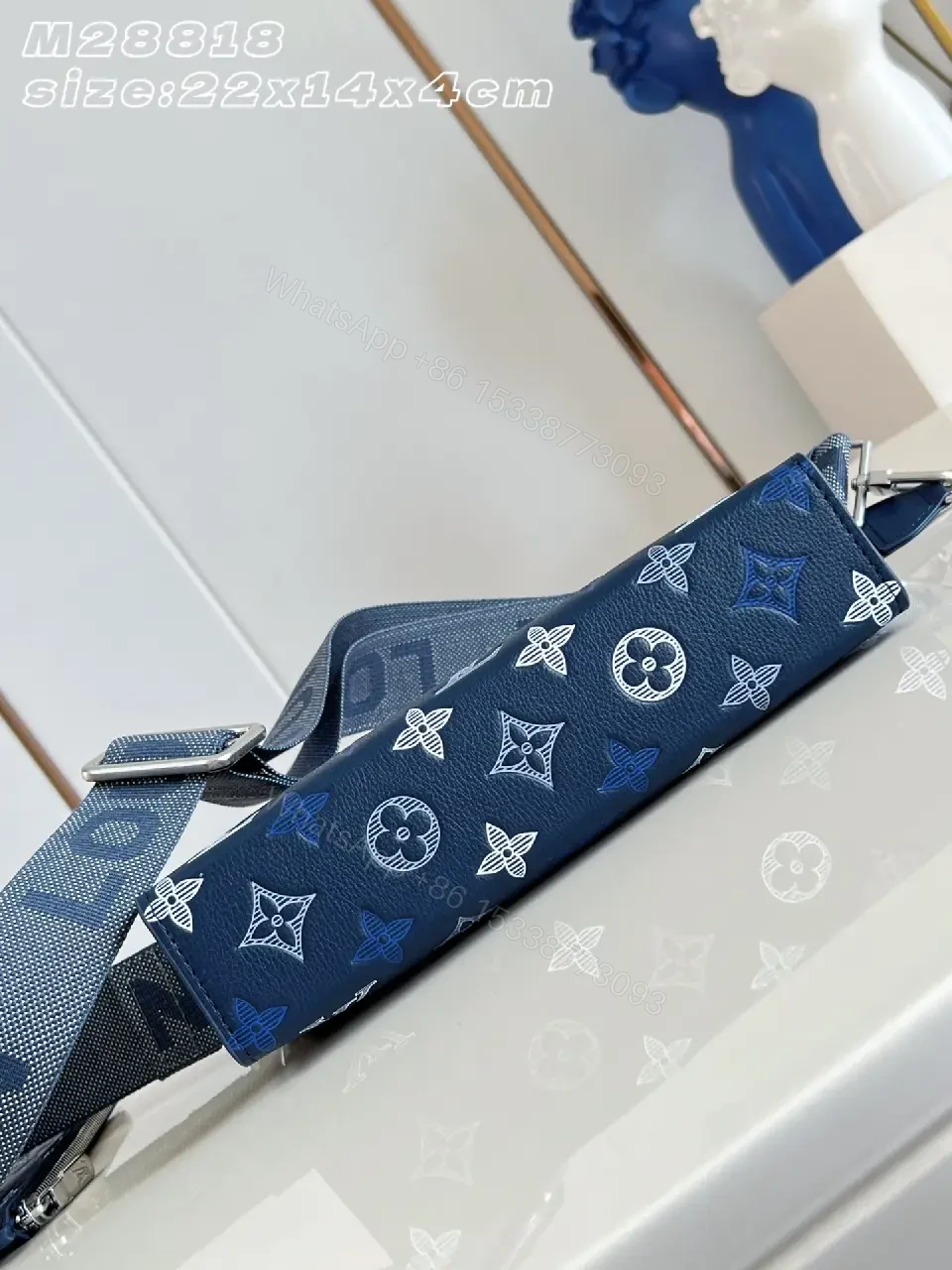View 4 of Dark Blue Monogram Leather Crossbody with Flap and Silver Hardware