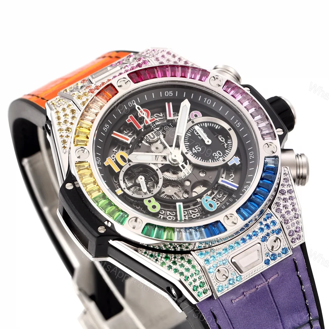View 5 of Hublot Big Bang Rainbow Replica 45MM Premium Gem Bezel Orange Purple Leather Strap Edition RG-HUBLOT-RAINBOW-45