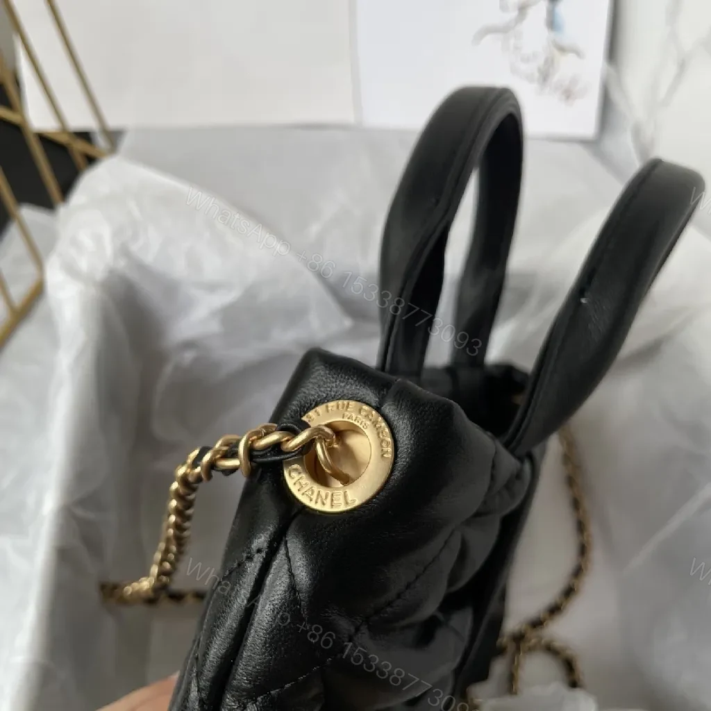 View 9 of Quilted Black Leather Handbag with Gold Hardware - Chic Style
