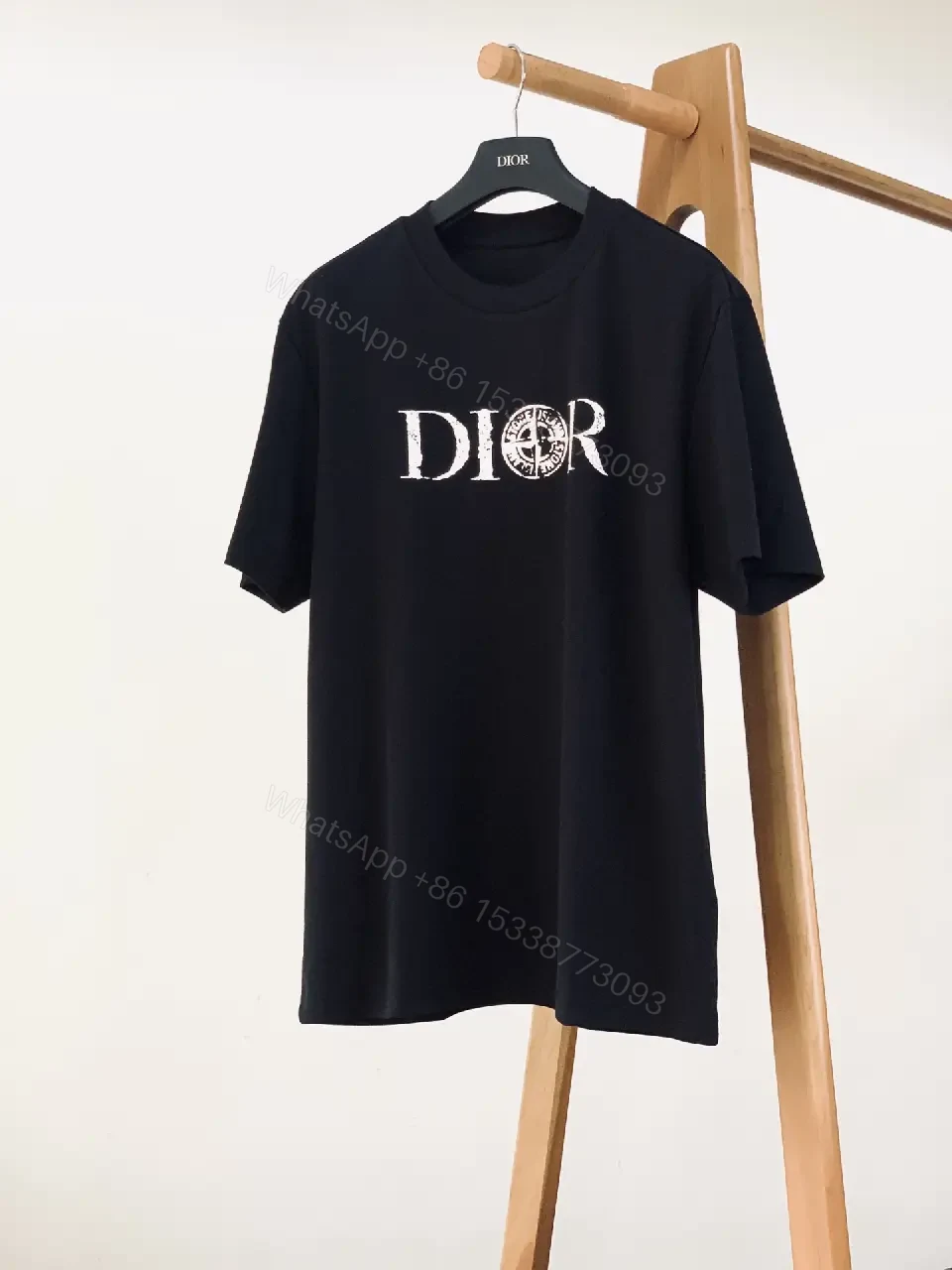 View 6 of Black Cotton Short-sleeve Tee Distressed "DIOR" Chest T-shirt
