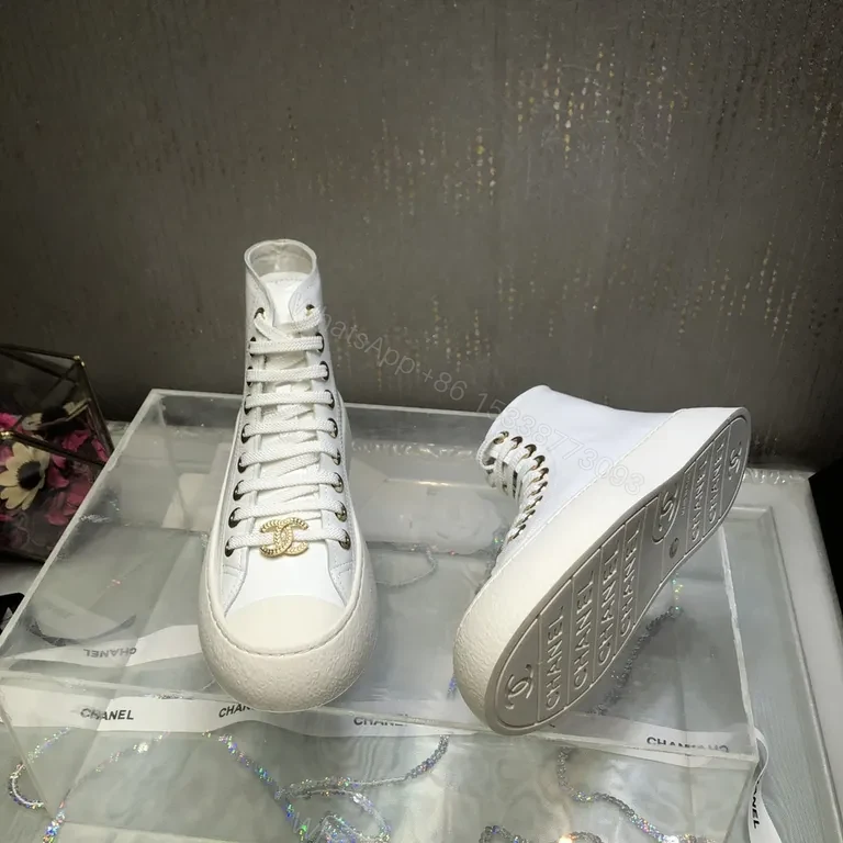 View 9 of Premium White High-Top Sneakers with Gold Emblem