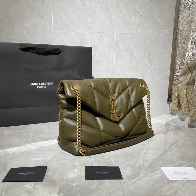 View 8 of Olive Green Quilted YSL Shoulder Bag: Gold Chain Luxury