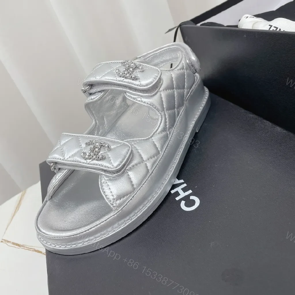 View 5 of Shimmer Silver Quilted Slides: Luxury Streetwear Sandals