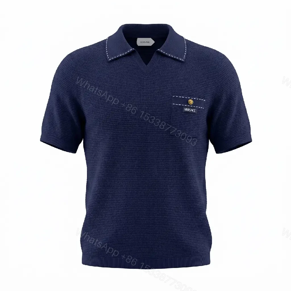 View 4 of Navy Knit Polo: V-Neck, Textured Grid, Pocket Detail, Versace Button