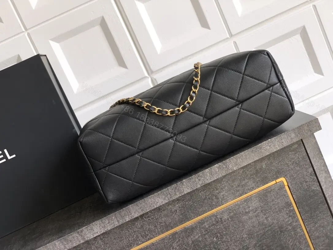 View 2 of Two-Tone Taupe/Black Quilted Tote with Gold Chain Strap
