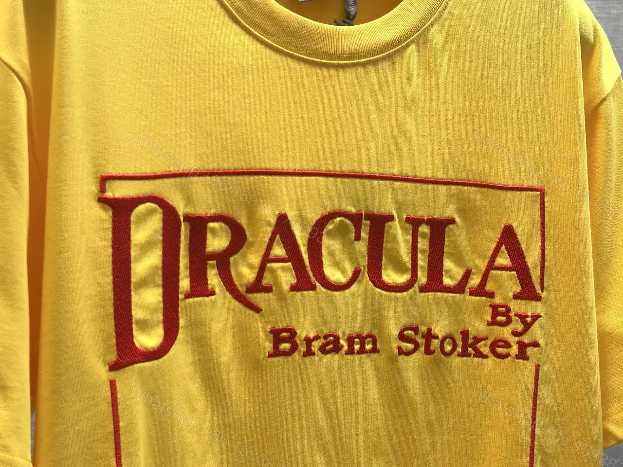 View 4 of Yellow Cotton T-Shirt with Dracula Print, Dior Brand Style, Graphic Tee
