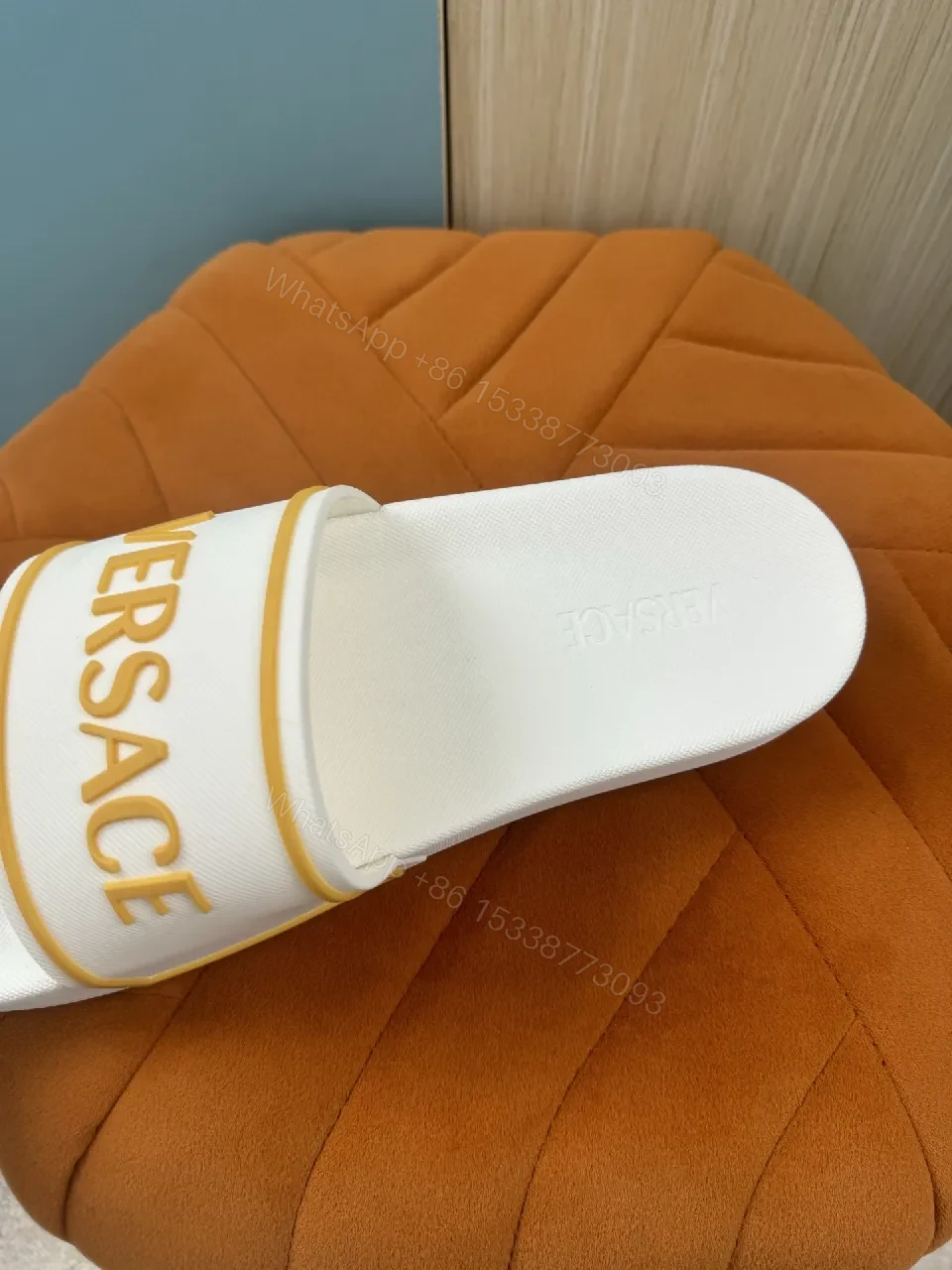 View 4 of White & Yellow Versace-Trim Slide Sandals: Luxe Comfort Sliding