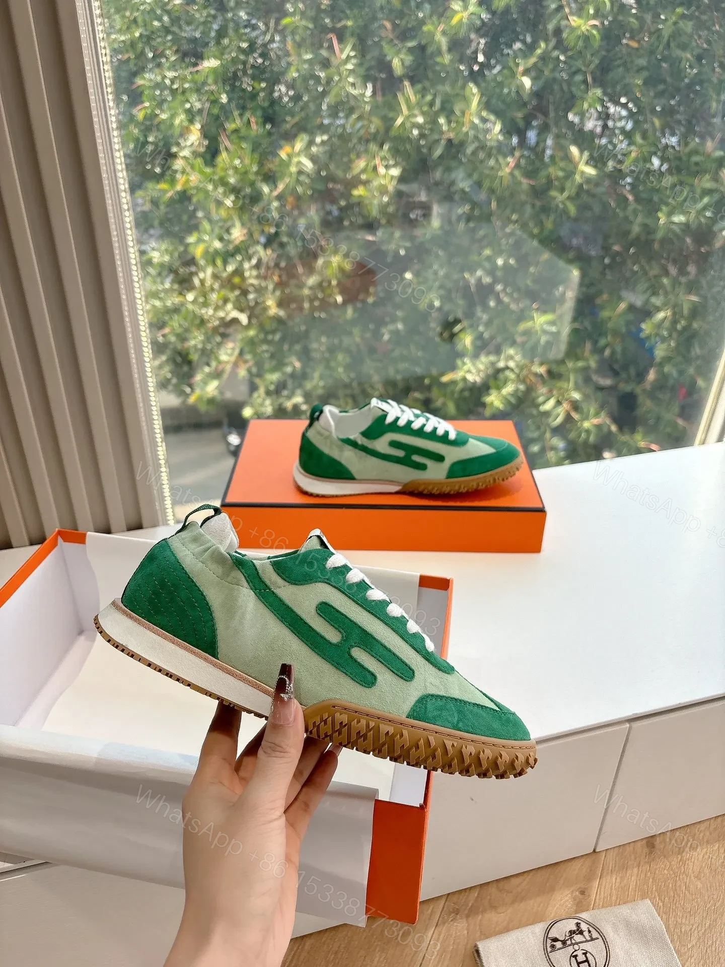 View 5 of Hermes Women Green Suede Canvas Sneakers