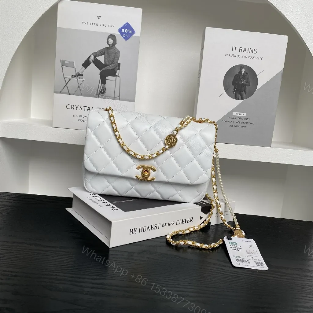 White Quilted Mini Bag, Gold Chain, Everyday Luxury Bag — view 1