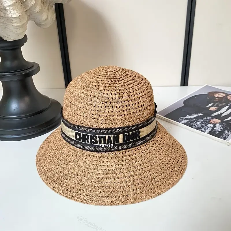 Natural Tan Straw Hat • Crochet Lattice Texture • Boater Style • Wide Brim Sun Hat with Dior Band • Product Type: Hat — view 1