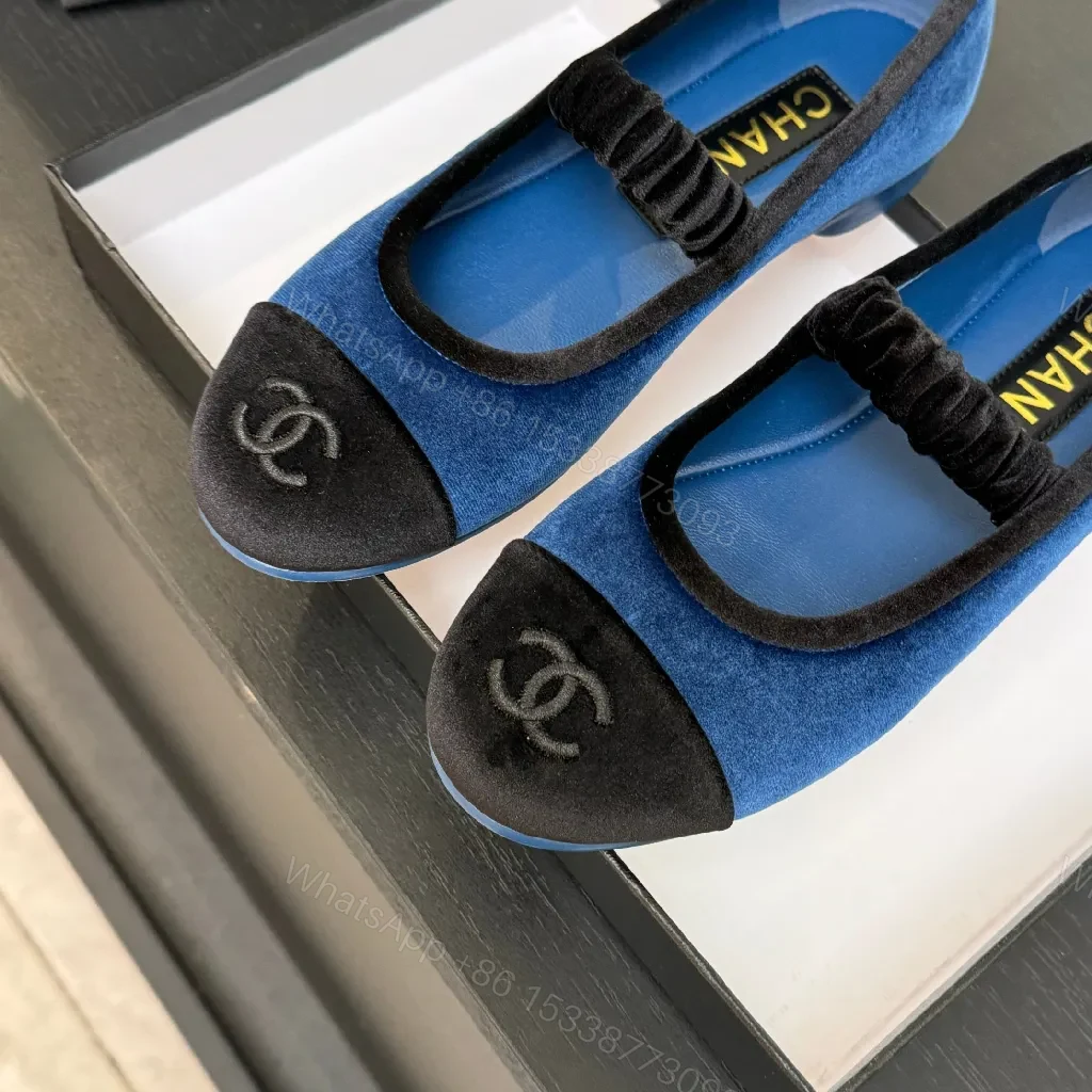 View 7 of Blue Velvet Ballet Flats with Black Cap-Toe Detail