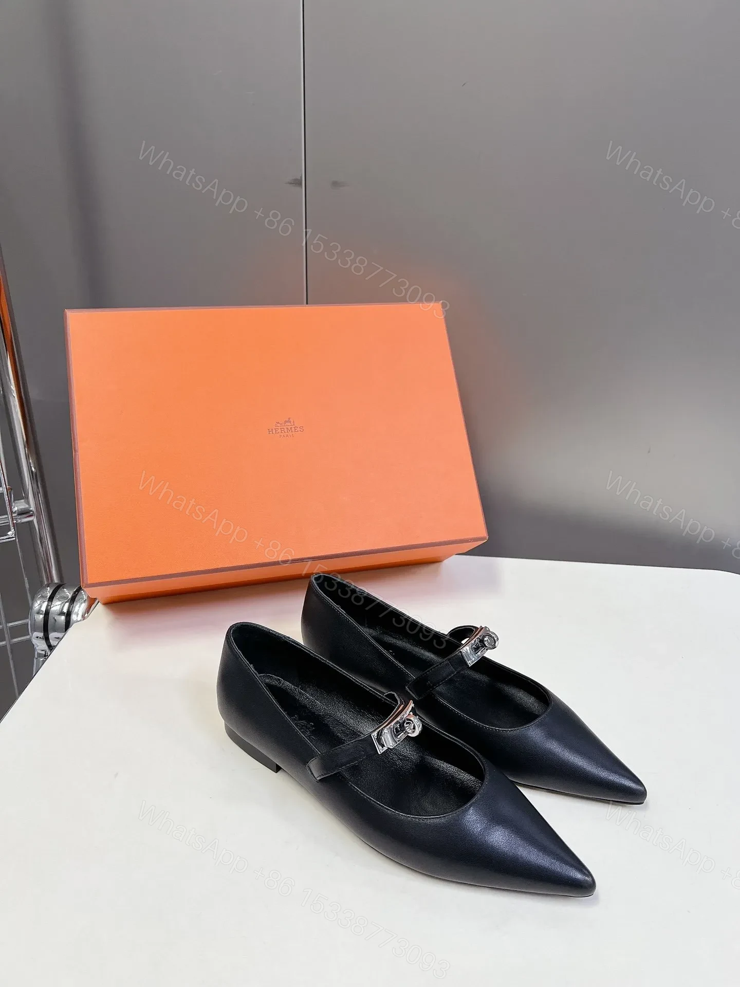 View 3 of Hermes Women Black Leather Pointed Toe Flats