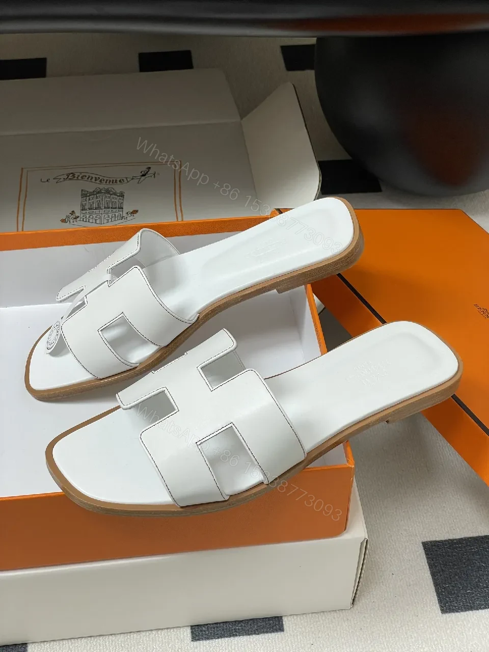 View 4 of White Leather Sandals, H-Cutout, Open-Toe, Comfortable Footbed