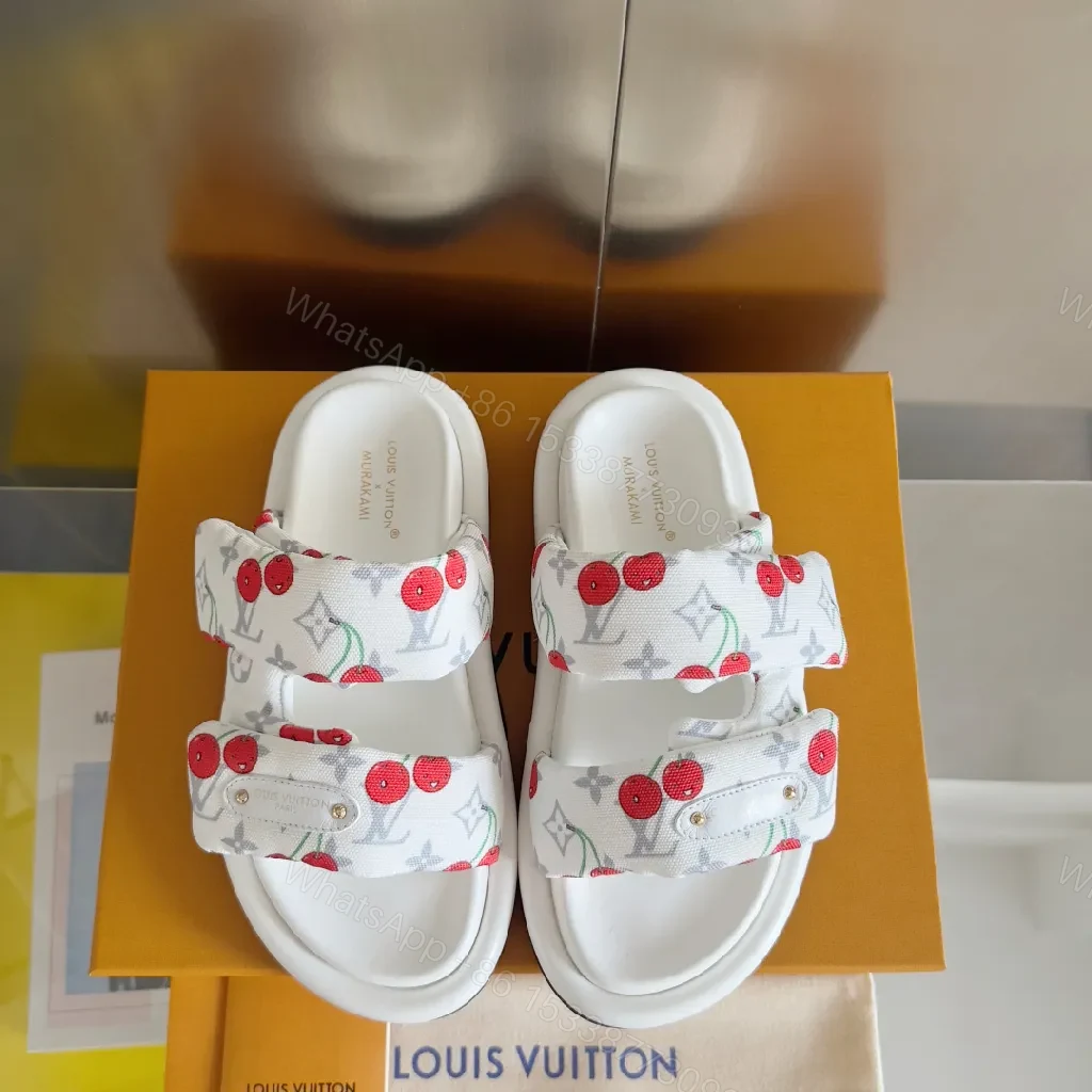 View 9 of White Canvas Cherry-Print Slides with Monogram, Velcro Strap, Comfort
