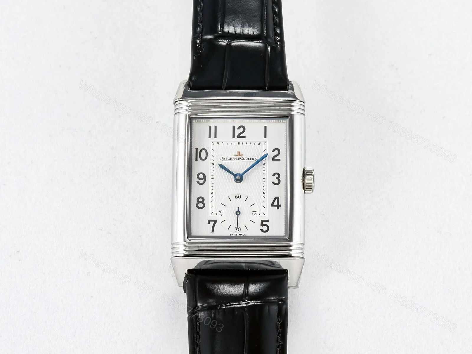 View 11 of Reverso Classic Duoface Small Seconds SS MGF Best Edition White Guilloché Dial on Black Leather Strap A854A