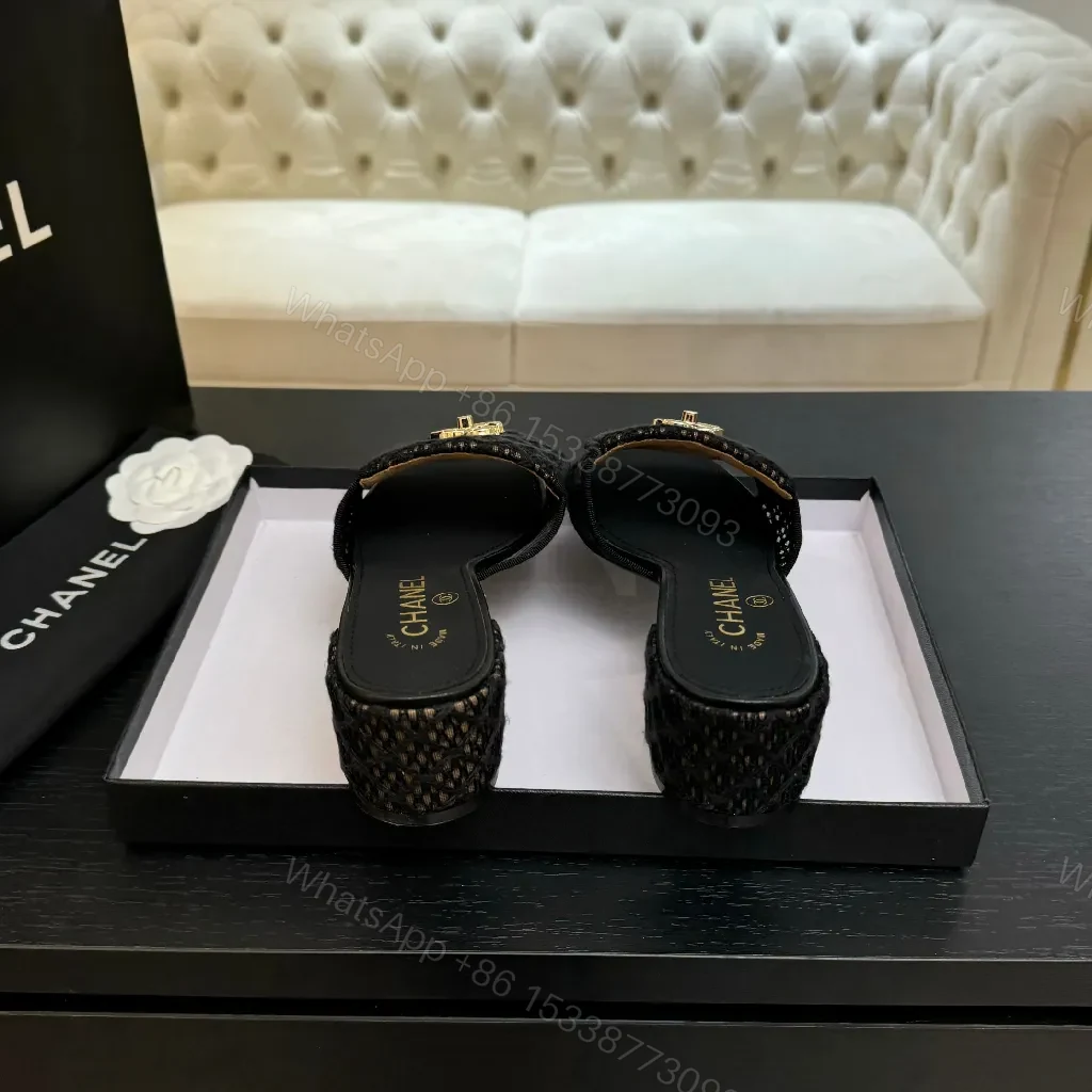 View 3 of Chic Knit-Texture Black Slip-Ons with Gold Hardware