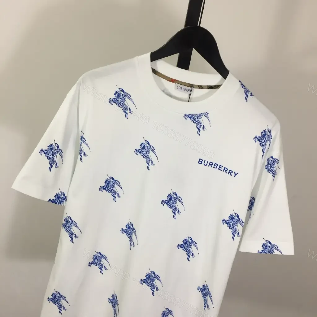 View 7 of White Burberry-Print Tee with Blue Motifs