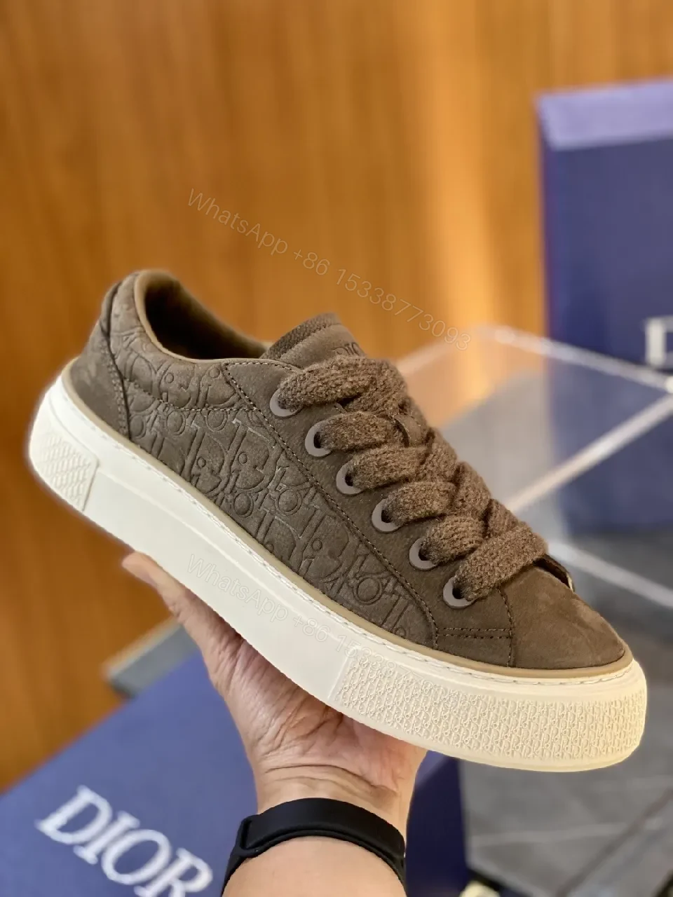 View 7 of Brown Leather Embossed Low-Top Sneakers with Gum Sole