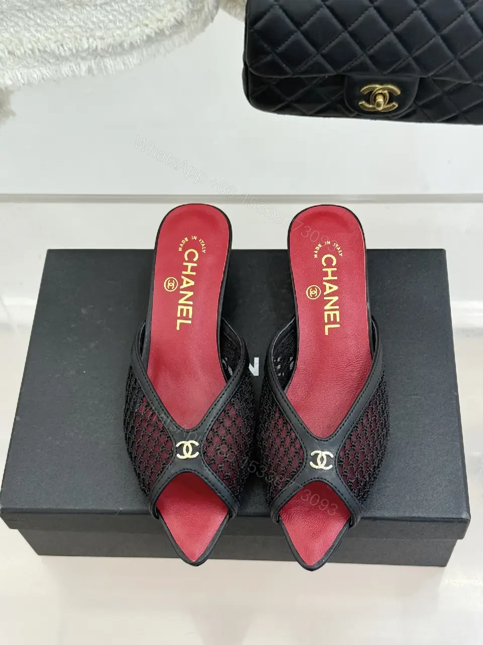 View 7 of Red/Black Satin Mesh Slip-On Heels Quilted Chain Bag (Chanel-inspired)