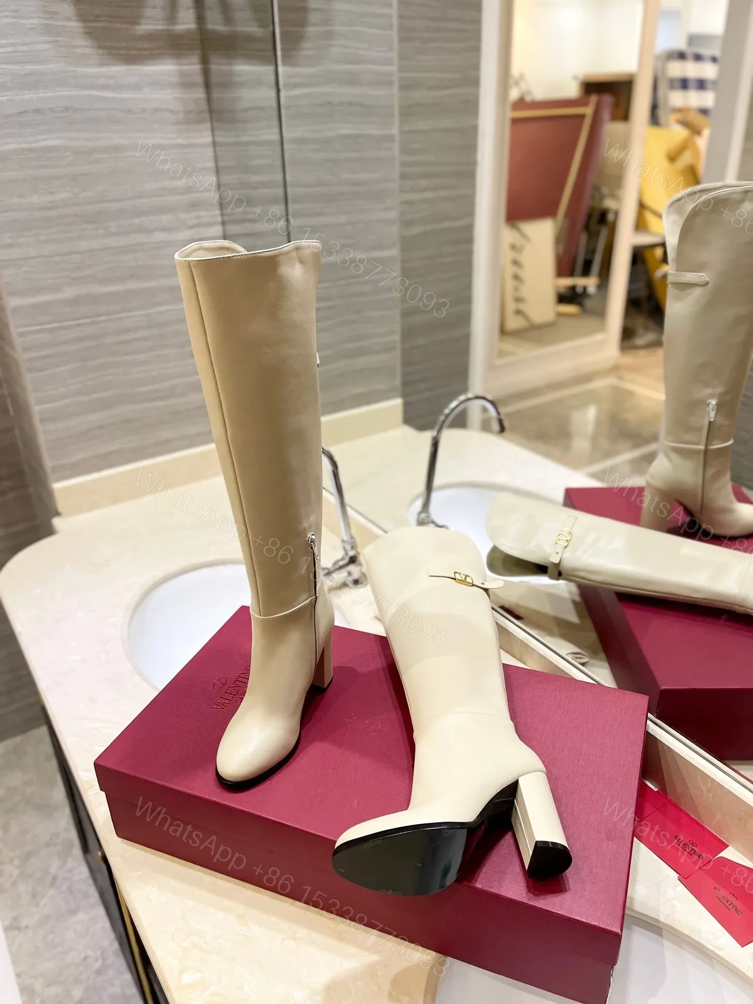 View 6 of Valentino Women Beige Leather Knee High Boots