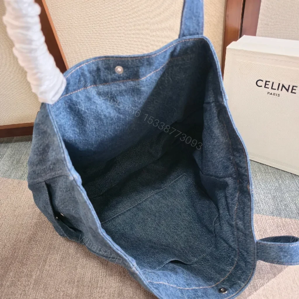 View 6 of Denim Tote with Embossed Logo—Structured Luxury Tote