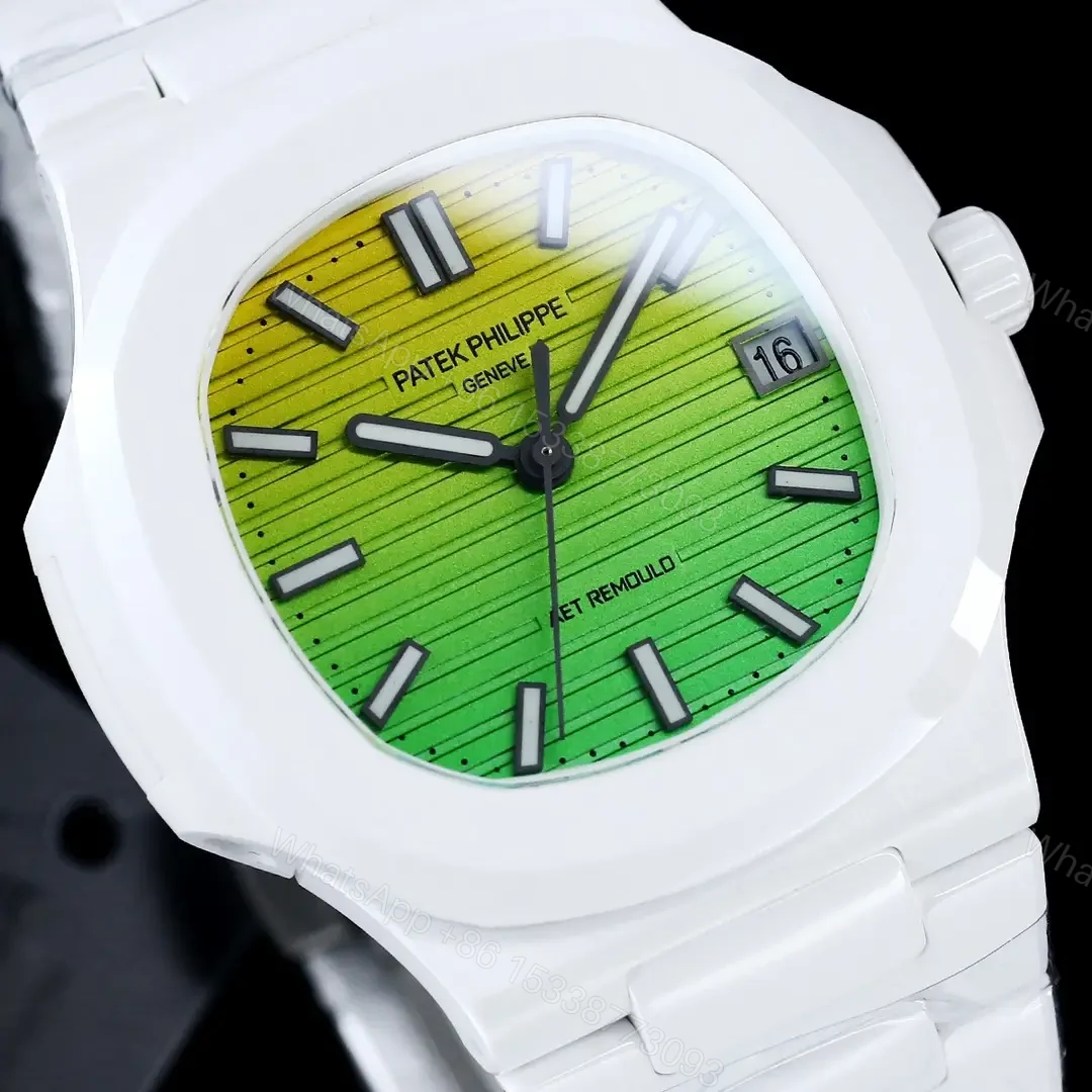 View 6 of Patek Philippe Green Yellow Nautilus Watch White Ceramic Bracelet Ultimate 40MM PP-NAU-GRN-YEL-WCER40