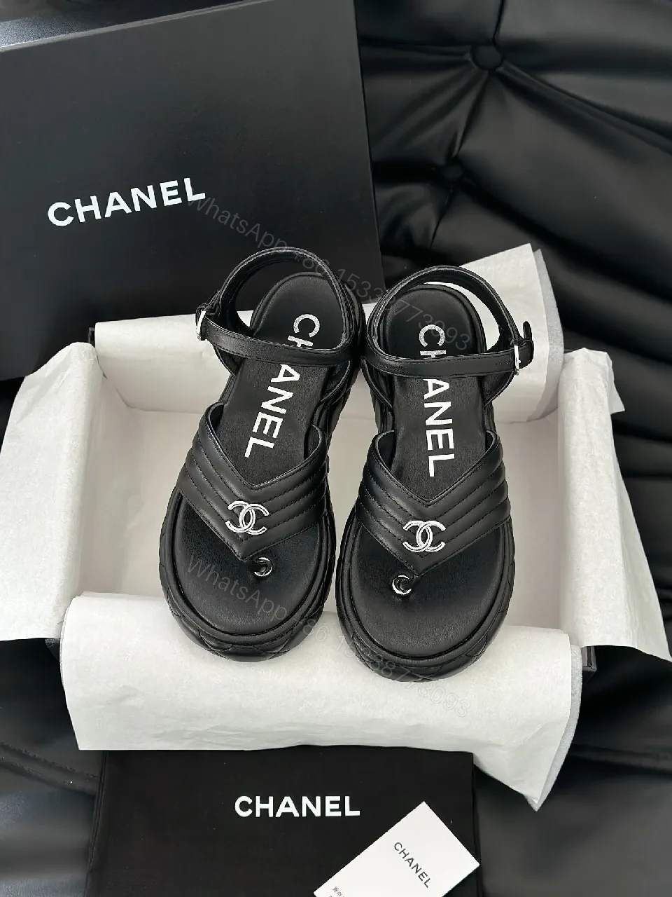 View 4 of Black Leather Quilted Sandals with Interlocking Detail, Platform Style