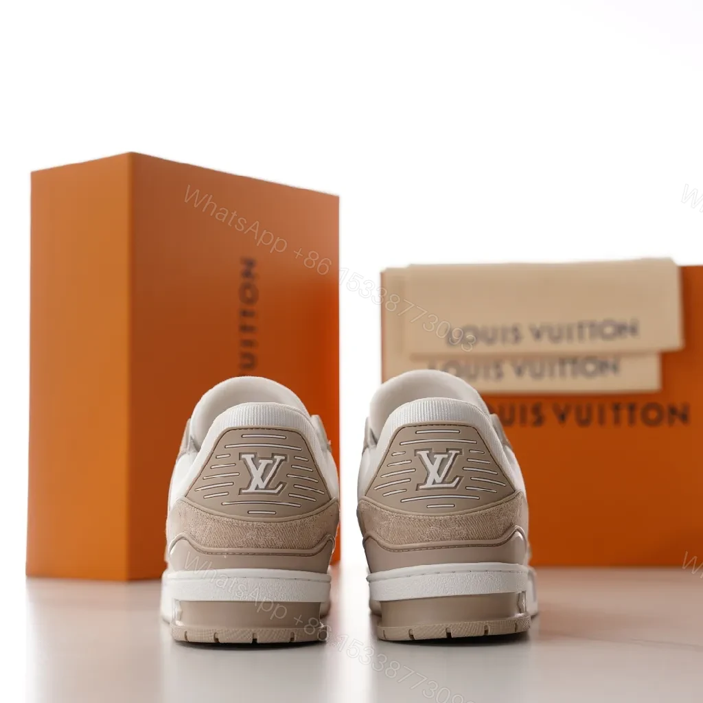 View 5 of Neutral-Tone Suede Leather Sneakers with Subtle LV-Inspired Detailing