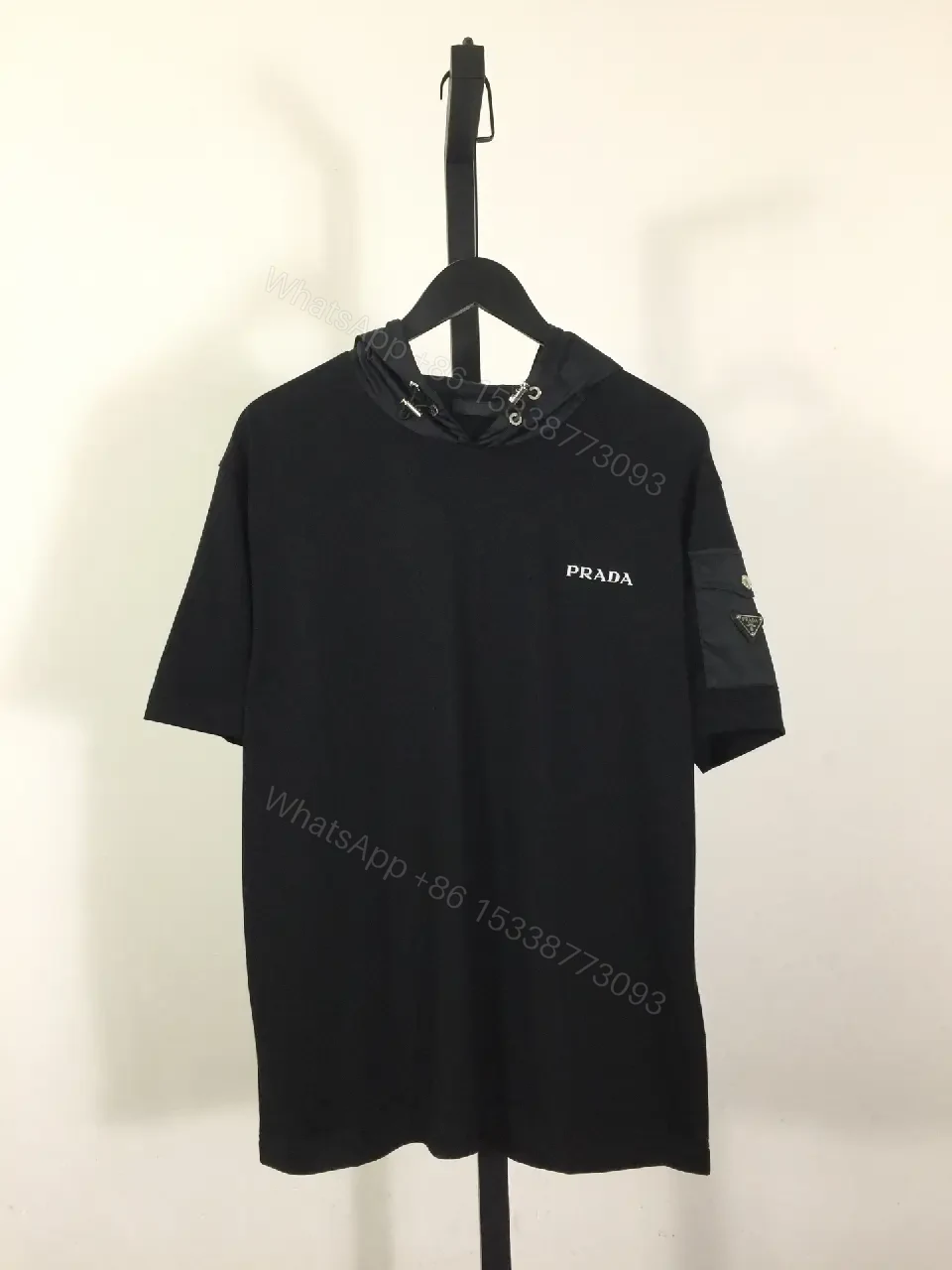 View 9 of Black Jersey Hooded Tee with Minimal Prada Detail