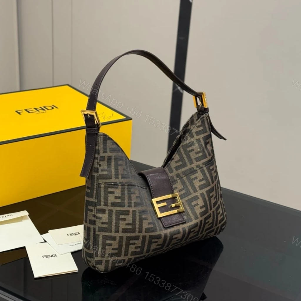 View 2 of Fendi Zucca Baguette Canvas Leather Shoulder Bag Dark Brown 30cm