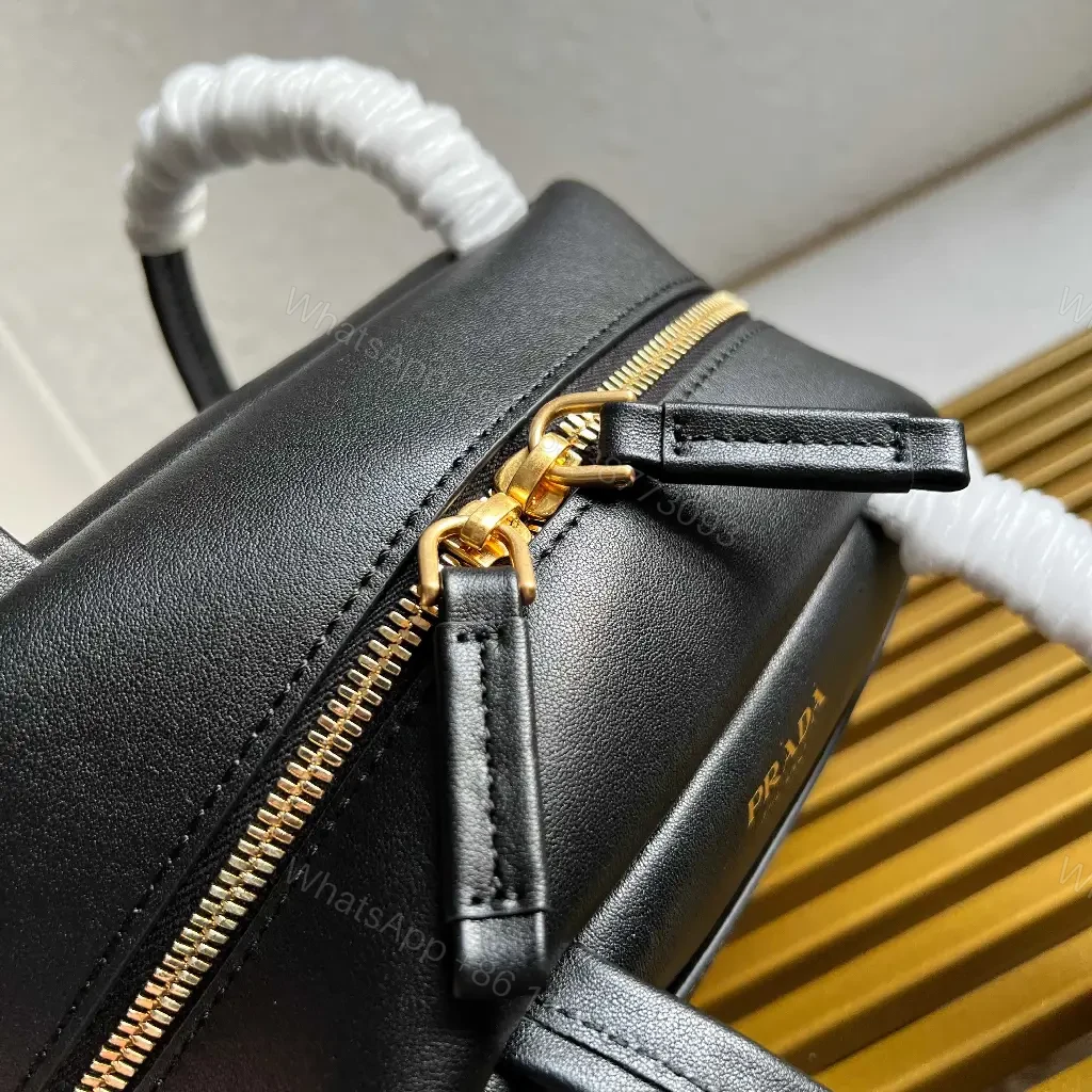 View 3 of Black Leather Structured Handbag with Gold Zipper Pouch - Prada Milano Style