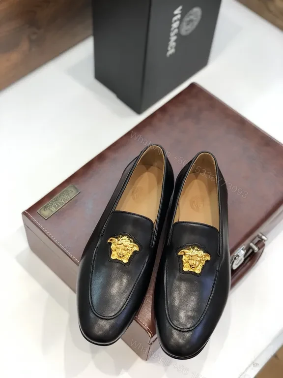 View 2 of Versace Black Leather Loafers with Gold Medusa Emblem