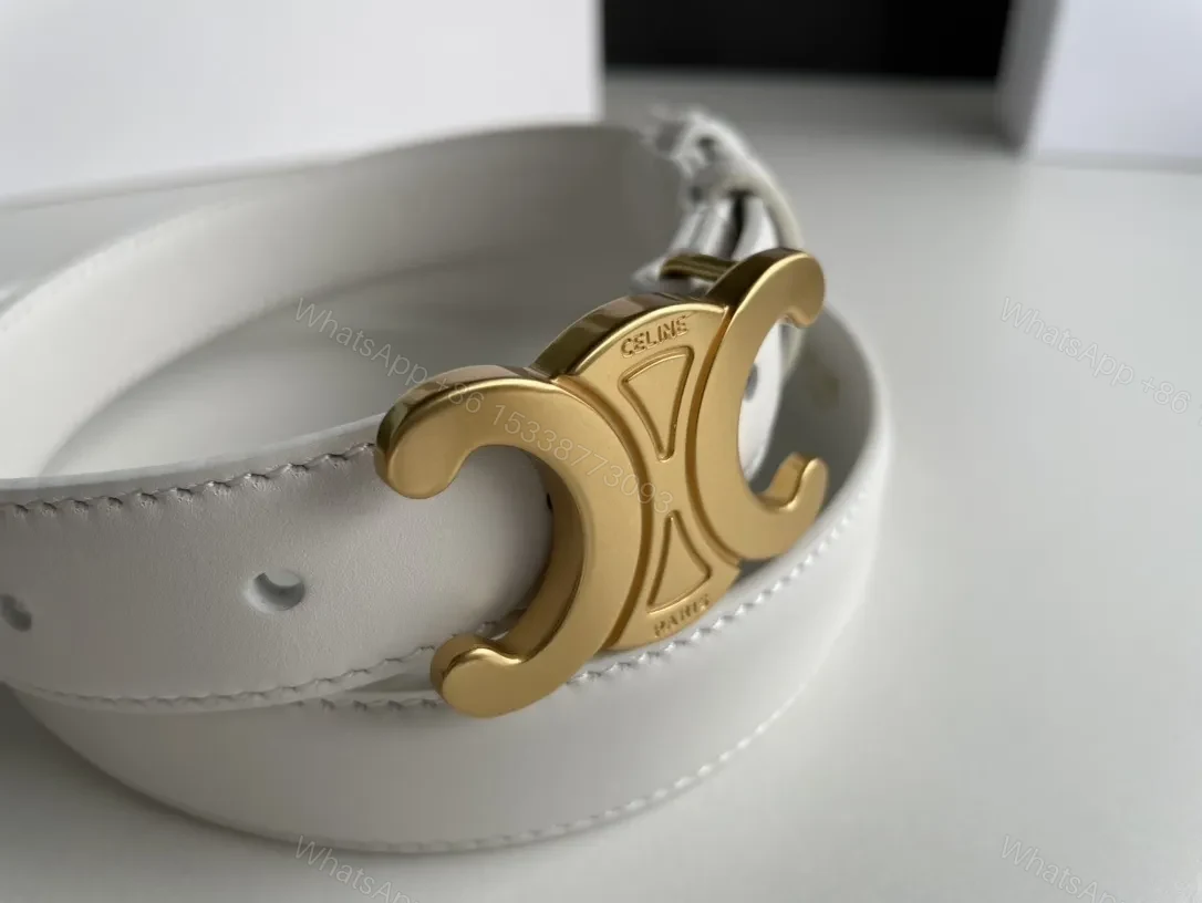 View 6 of White Leather Belt with Gold Buckle, Luxury Minimalist Style