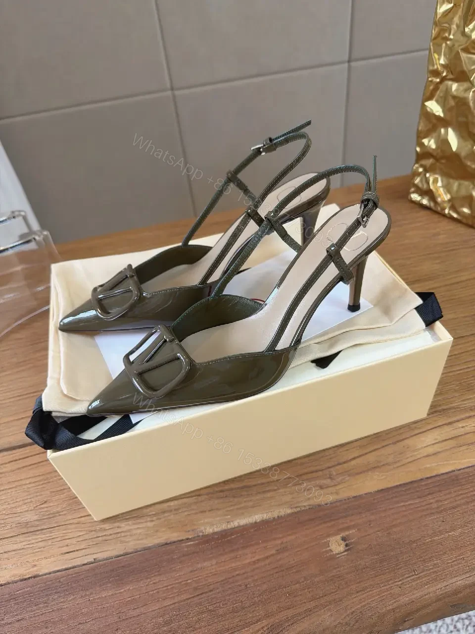 View 2 of Gray Patent Slingback Heels with Buckle Detail, Stiletto, 2.5"