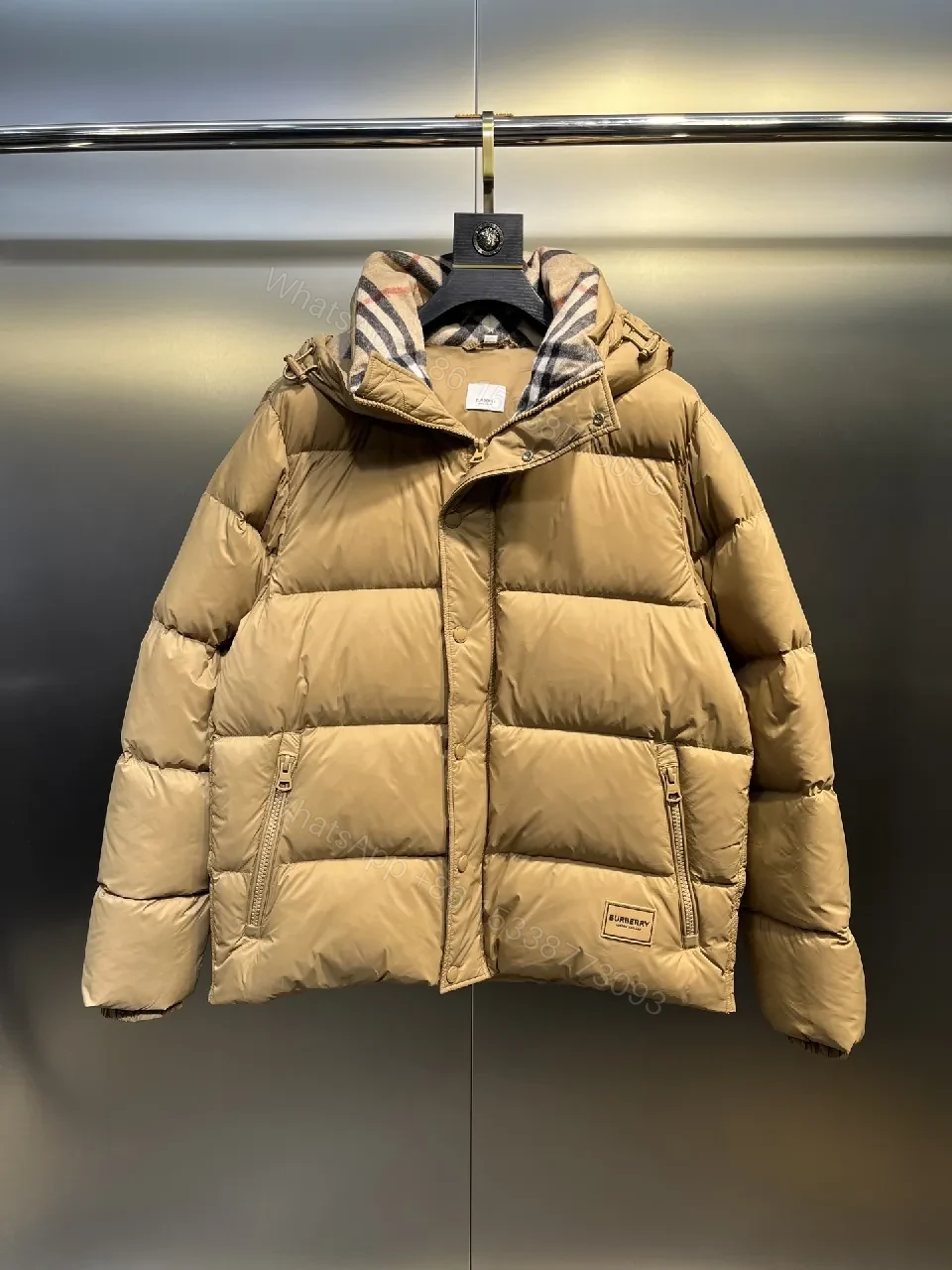 Camel Quilted Puffer Jacket: Insulated, Plaid-Lined Luxury Coat — view 1