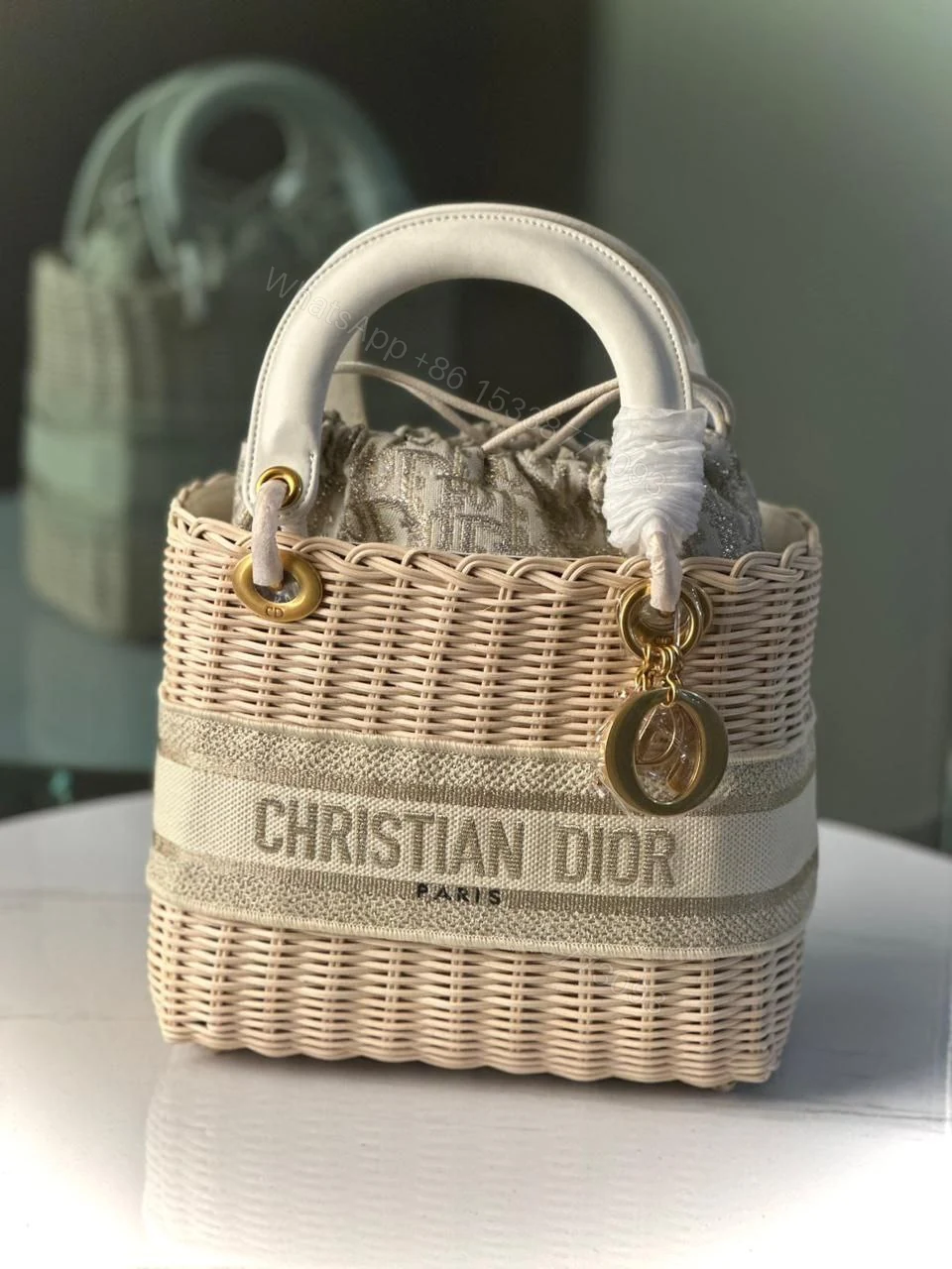 View 2 of DIOR Medium Wicker & Oblique Jacquard Basket Handbag