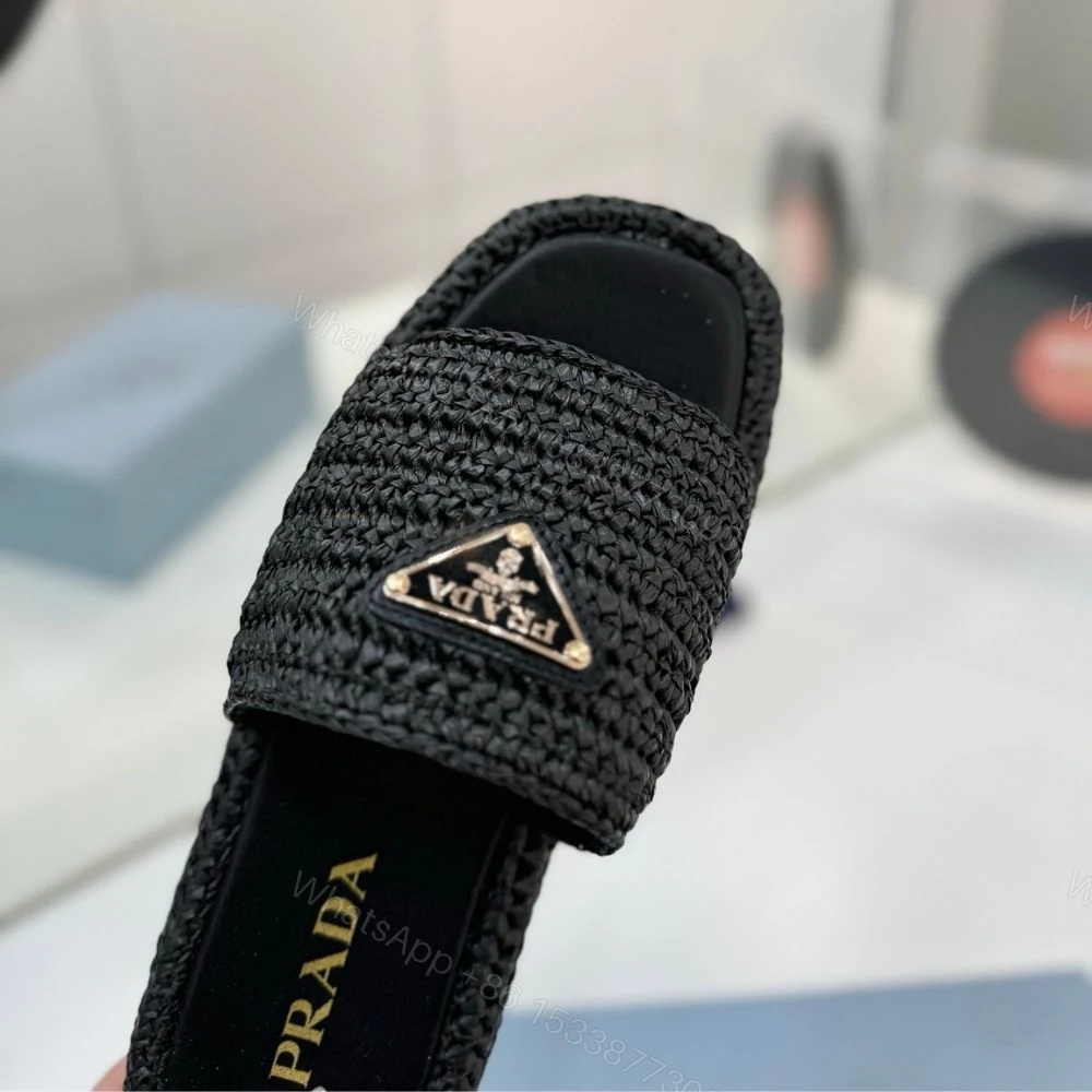 View 7 of Prada Natural Crochet Flatform Slides Gold Hardware Black