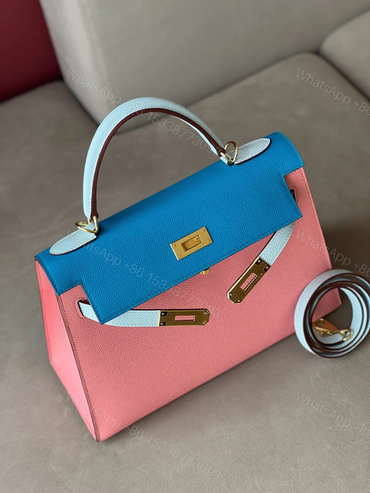 View 2 of Hermes Kelly 28 Epsom Light Blue/ Electric Blue/Rose Pink Gold Hardware