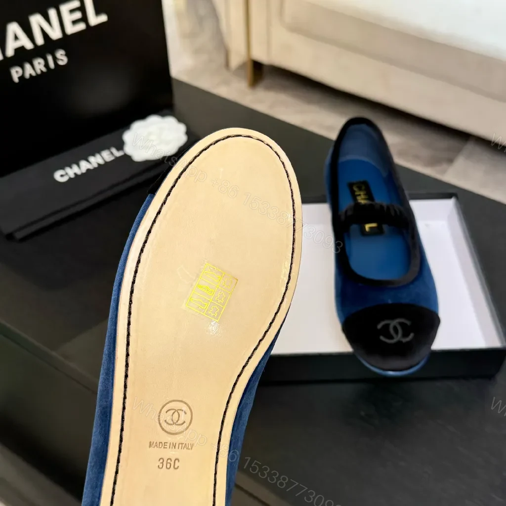 View 2 of Blue Velvet Ballet Flats with Black Cap-Toe Detail