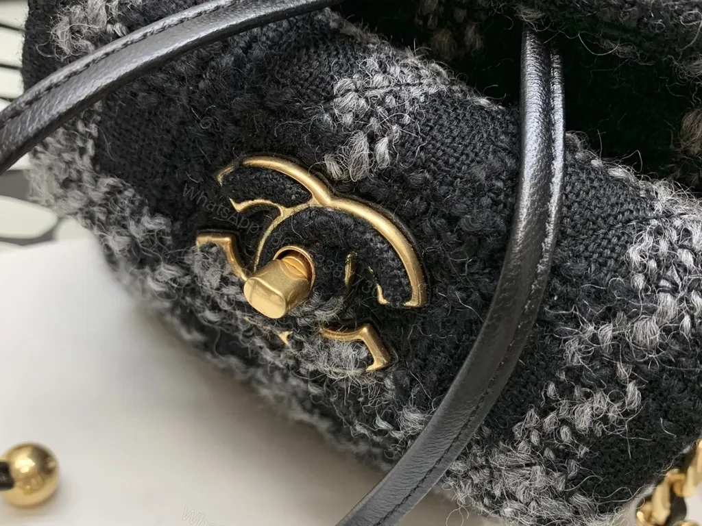 View 3 of Chanel-Inspired Plaid Knit Backpack with Gold Chain