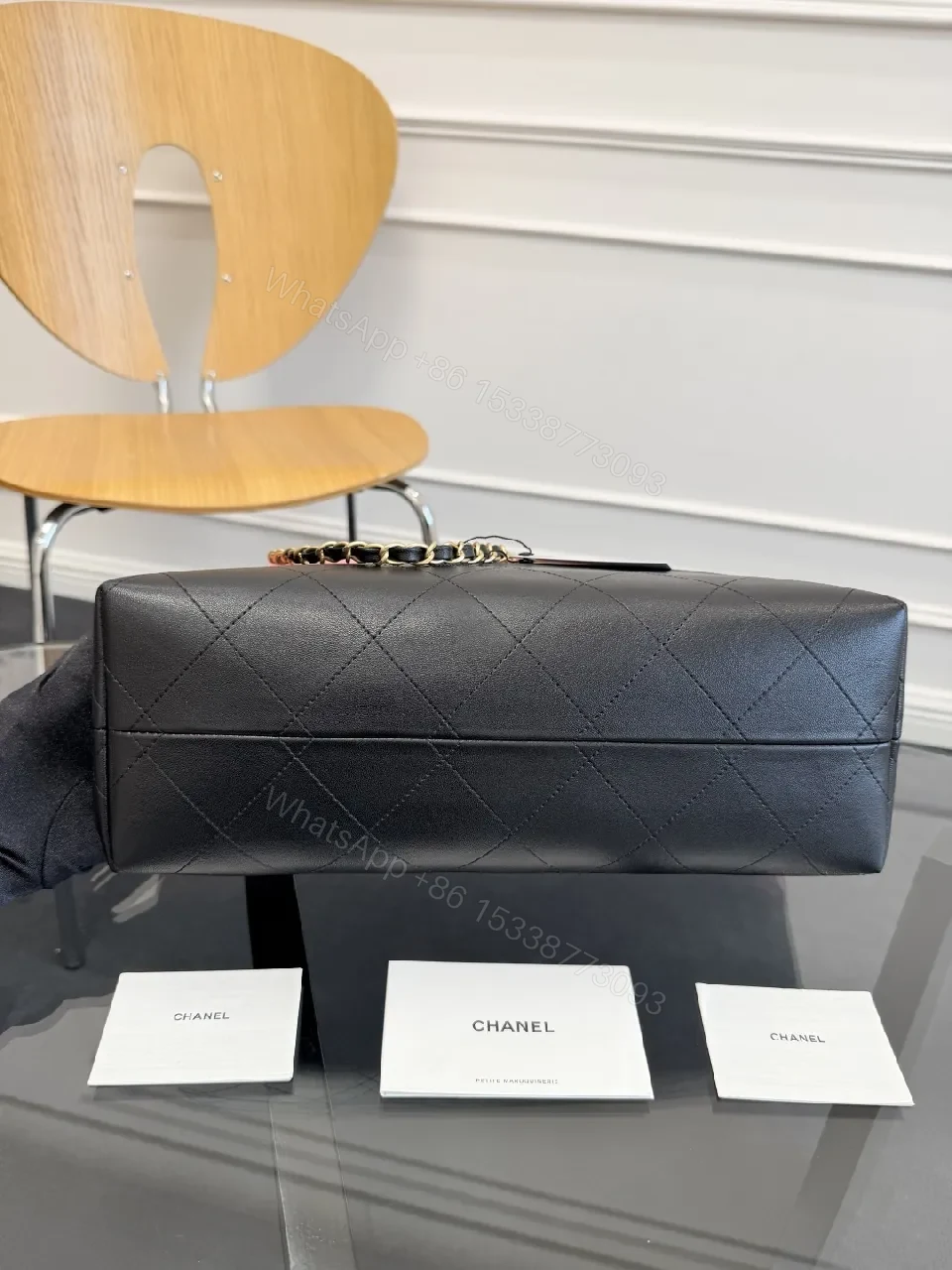 View 3 of Pink Black Quilted Tote with Chain - Modern Luxury Bag
