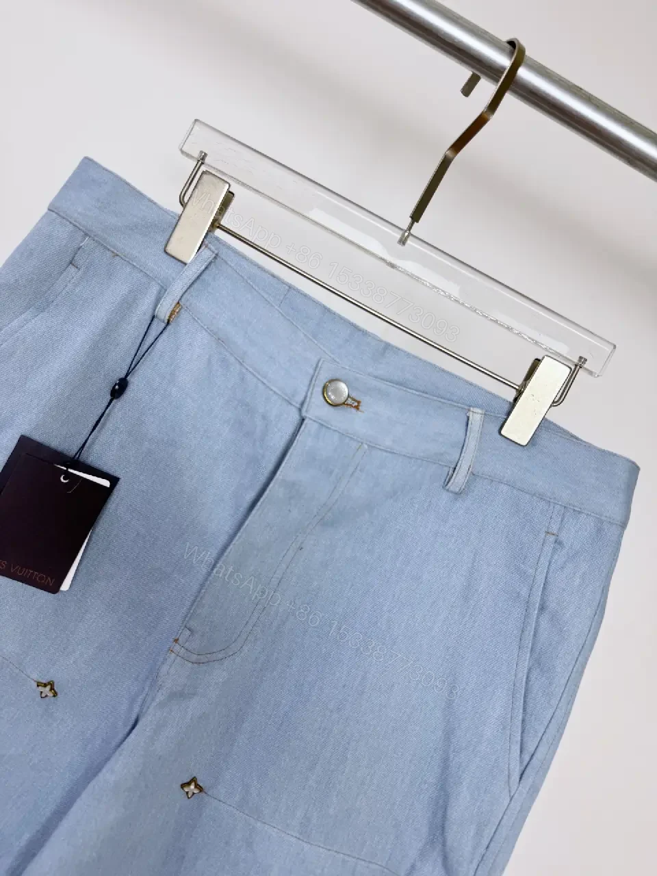 View 9 of Blue Denim Shorts with Embroidered Details, Louis Vuitton Style