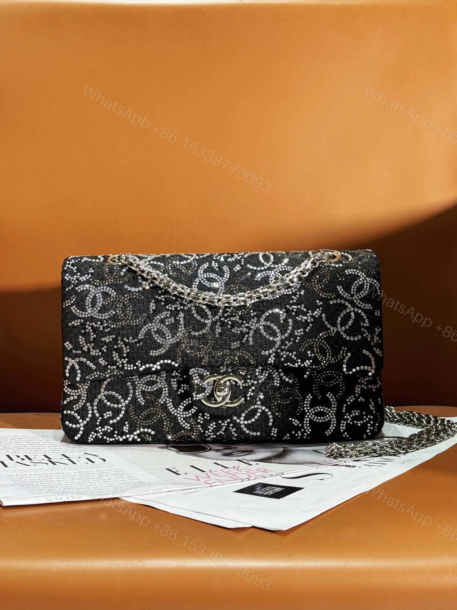 CHANEL 高仿 2.55 黑色亮鑽刺繡鏈條包 菱格閃耀奢華精品女包 — view 1