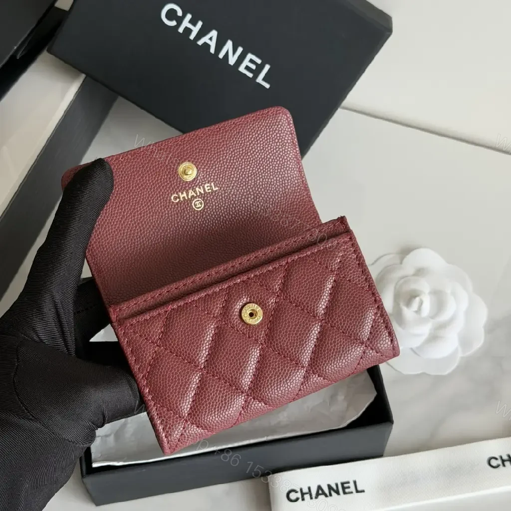 View 7 of Burgundy Quilted Leather Wallet — Gold Logo, Compact Bifold